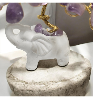 Arbre de Vie en Améthyste – Grosses Pierres Naturelles et Éléphant Blanc en Poterie