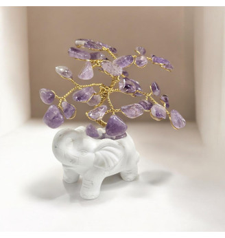 Arbre de Vie en Améthyste – Grosses Pierres Naturelles et Éléphant Blanc en Poterie