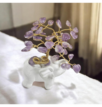 Arbre de Vie en Améthyste – Grosses Pierres Naturelles et Éléphant Blanc en Poterie