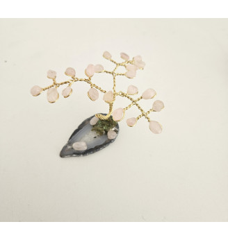 Arbre de vie mini en Quartz rose sur Agate naturelle.