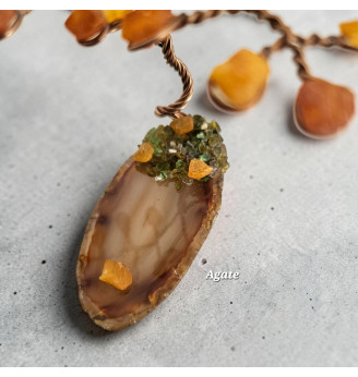Arbre de vie mini en Ambre, La Chaleur du Soleil sur une Tranche d’Agate Naturelle