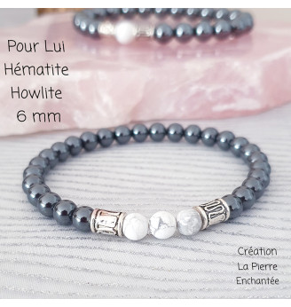 Bracelet homme en Hématite et Howlite , perles 6 mm .