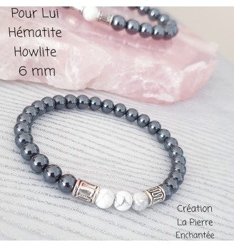 Bracelet homme en Hématite et Howlite , perles 6 mm .