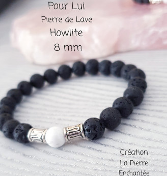 Bracelet homme en Pierre de Lave et Howlite , perles 8 mm .