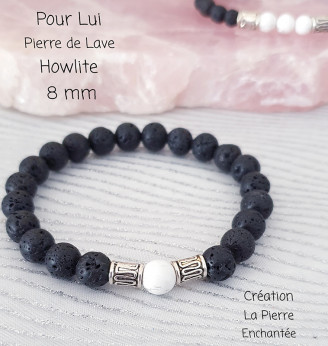 Bracelet homme en Pierre de Lave et Howlite , perles 8 mm .