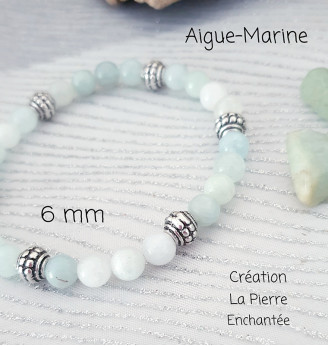 Bracelet en Aigue-Marine – Perles 6 mm – Finitions argentées – Taille 17 à 19 cm