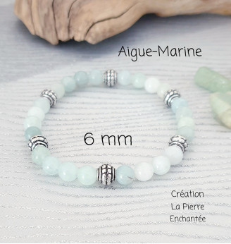 Bracelet en Aigue-Marine – Perles 6 mm – Finitions argentées – Taille 17 à 19 cm