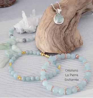 Bracelet en Aigue-Marine – Perles 6 mm – Finitions cœurs dorés – Taille 17 à 19 cm