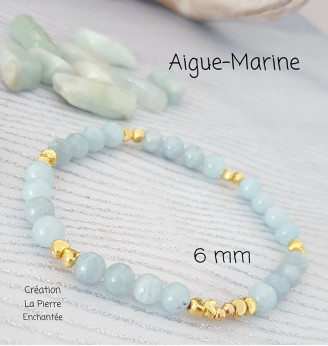 Bracelet en Aigue-Marine – Perles 6 mm – Finitions cœurs dorés – Taille 17 à 19 cm