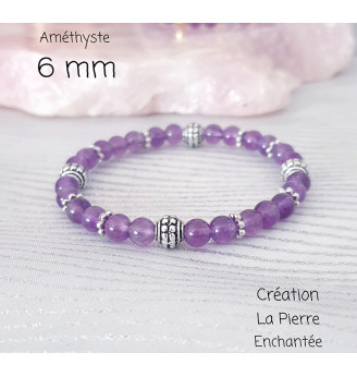 Bracelet en Améthyste 6 mm – Élégance et sérénité argentée