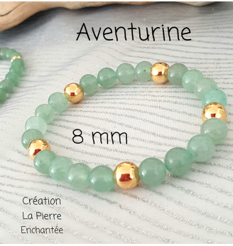 Bracelet en Aventurine 8 mm , touches dorées– Élégance, harmonie et protection .
