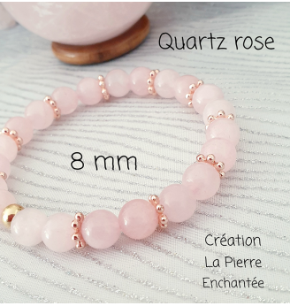 Bracelet en Quartz Rose, 8 mm, finitions dorées.