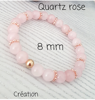 Bracelet en Quartz Rose, 8 mm, finitions dorées.