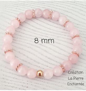Bracelet en Quartz Rose, 8 mm, finitions dorées.