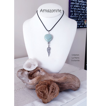 Collier cœur en Amazonite et aile d'Ange .
