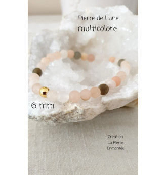 Bracelet en Pierre de Lune multicolore , perles rondes  6 mm .