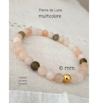 Bracelet en Pierre de Lune multicolore , perles rondes  6 mm .