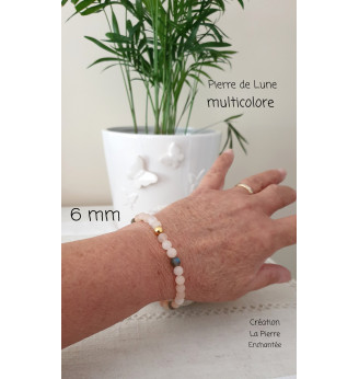 Bracelet en Pierre de Lune multicolore , perles rondes  6 mm .