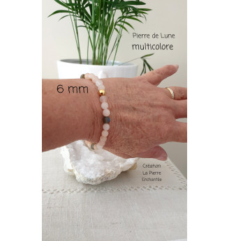 Bracelet en Pierre de Lune multicolore , perles rondes  6 mm .