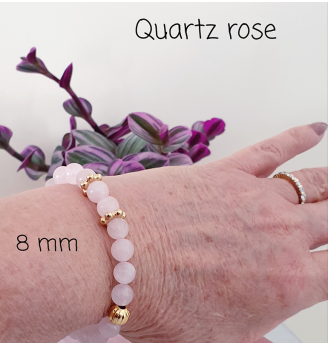 Bracelet en Quartz Rose, 8 mm, finitions dorées.
