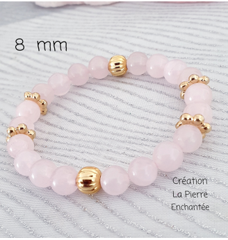 Bracelet en Quartz Rose, 8 mm, finitions dorées.