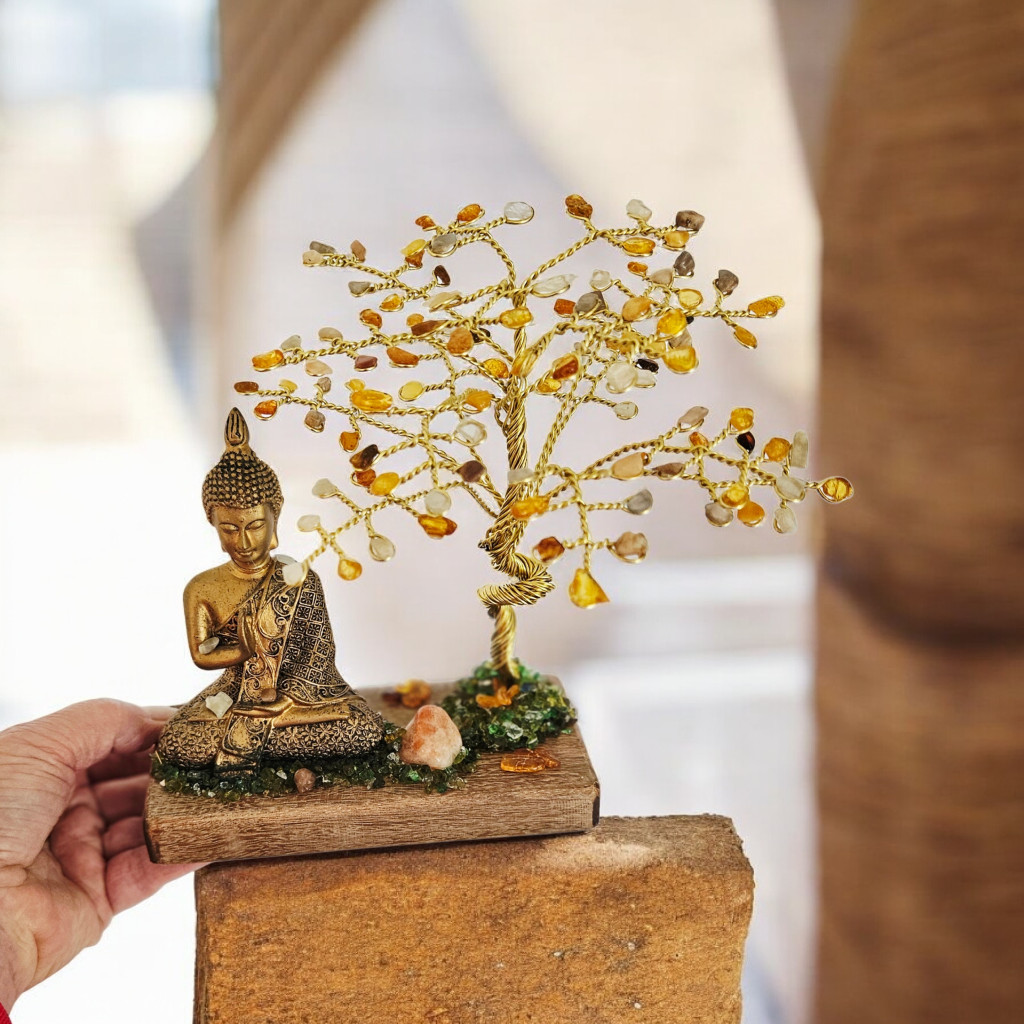 Arbre de vie spirituel avec Bouddha, en Pierre de Lune et Ambre 